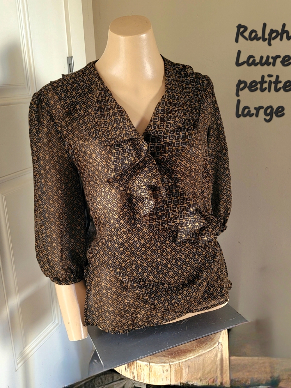 Ralph Lauren Black and Brown Geometric Ruffle V-Neck Blouse